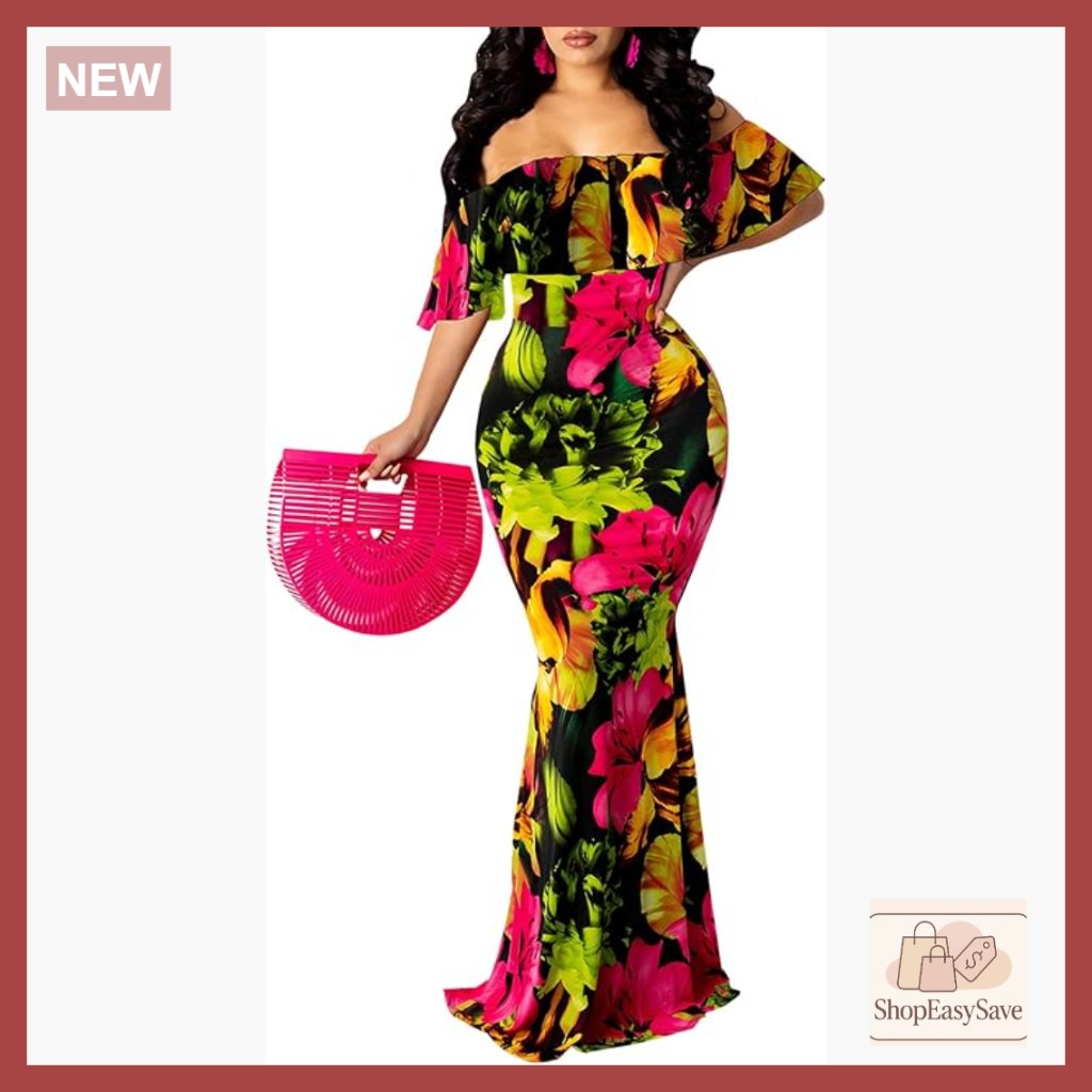 Floral Off Shoulder Maxi Dress Elegant Formal Evening Party Wear Ruffle Detail